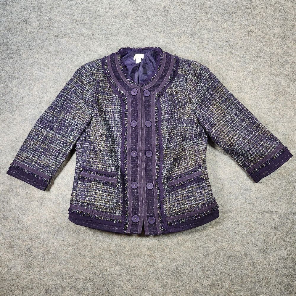 Chico's Knit Jacket Women Size 1 Purple Plaid Fringe Metallic Thread Wool Blend
